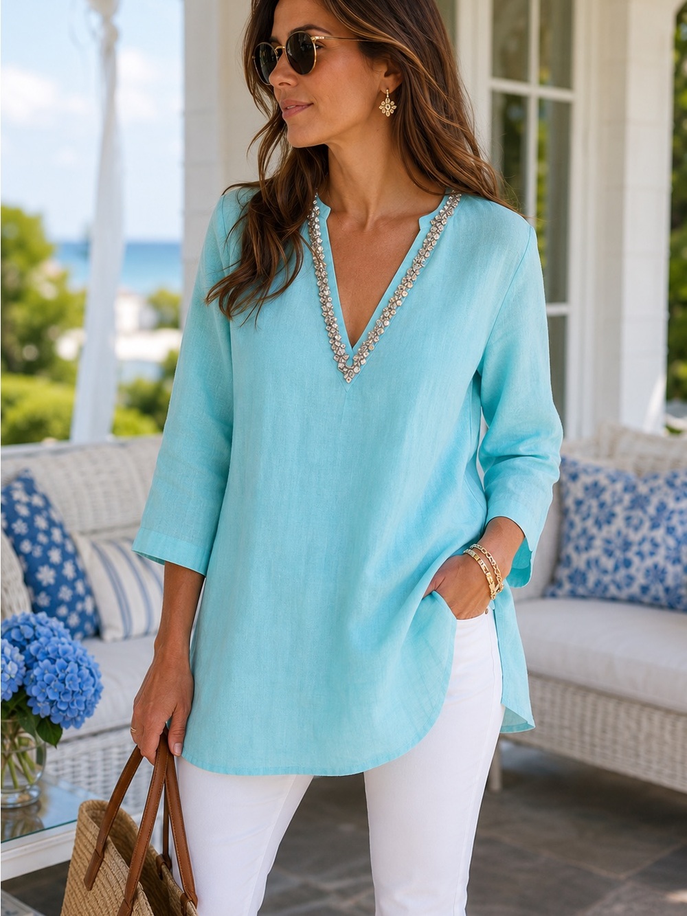 Malvin Hamburg Germany Aqua 100% Linen Tunic Top Crystal V-Neck NWT Size 8 - Med